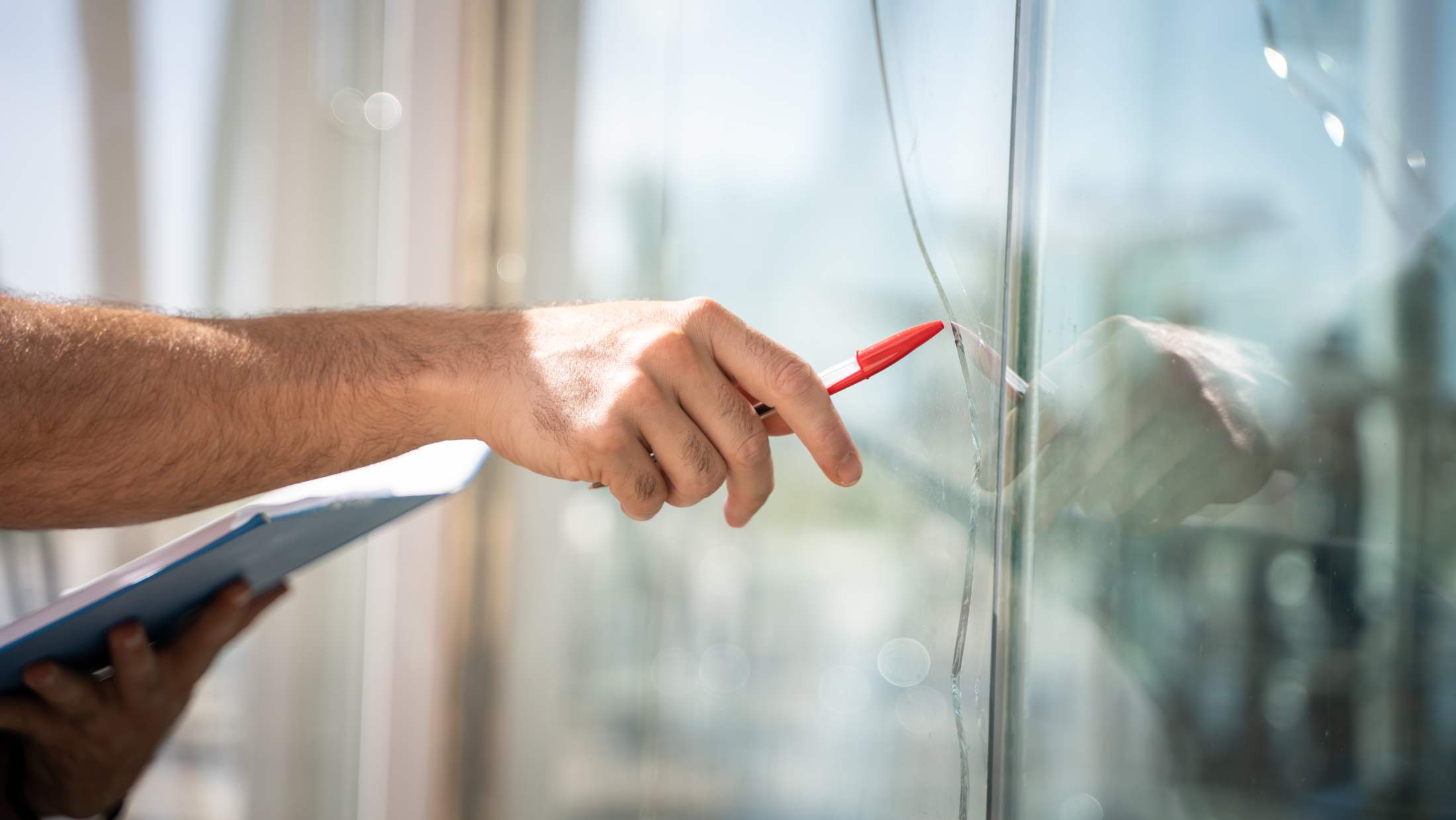 Pane of glass in window broken by accident being checked by a glazier