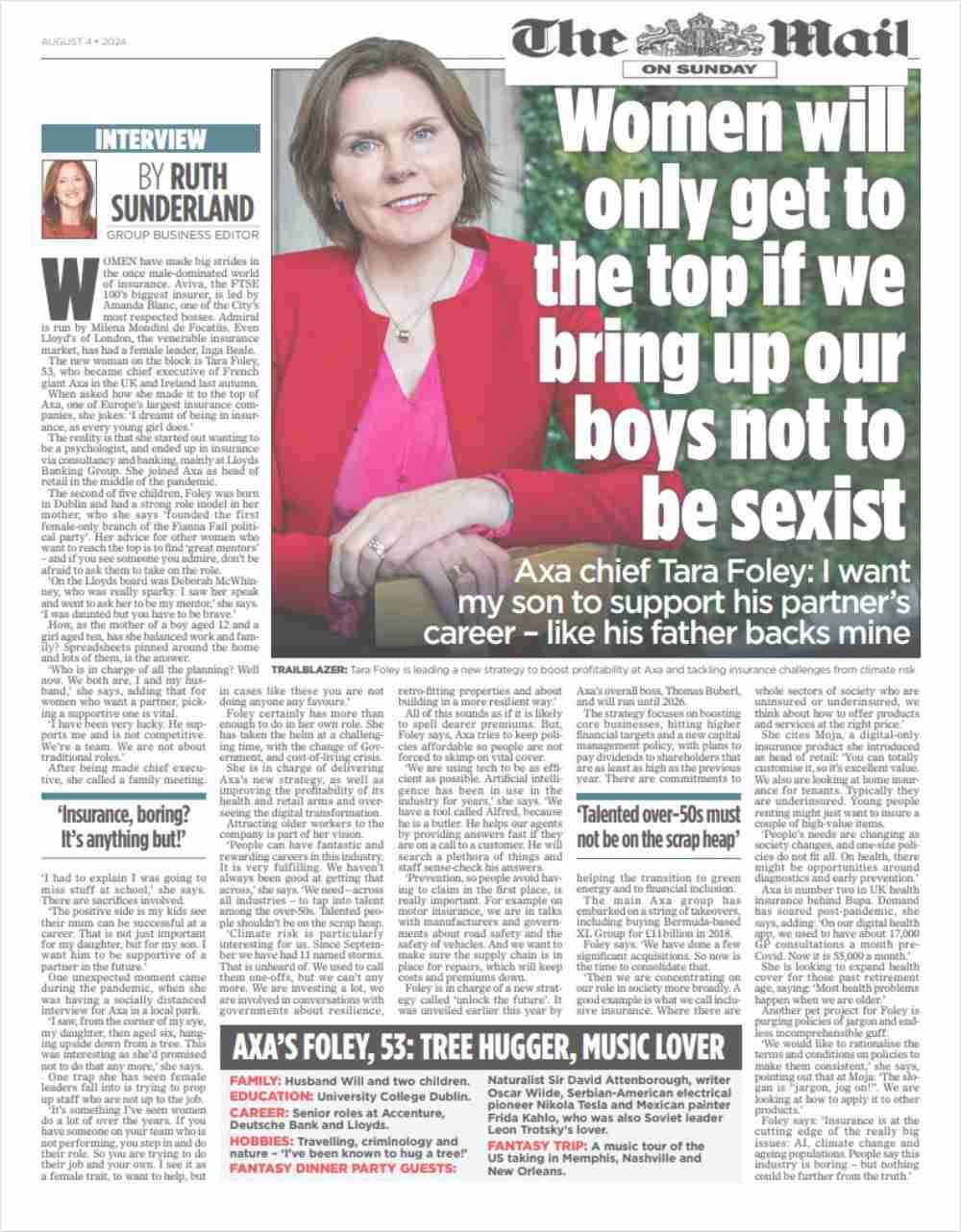 Press clipping of Tara Foley's interview by Ruth Sutherland in The Mail on Sunday August 4 2024