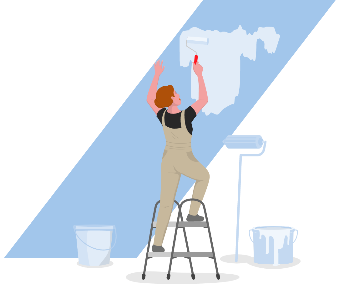 woman standing on a small ladder painting a wall